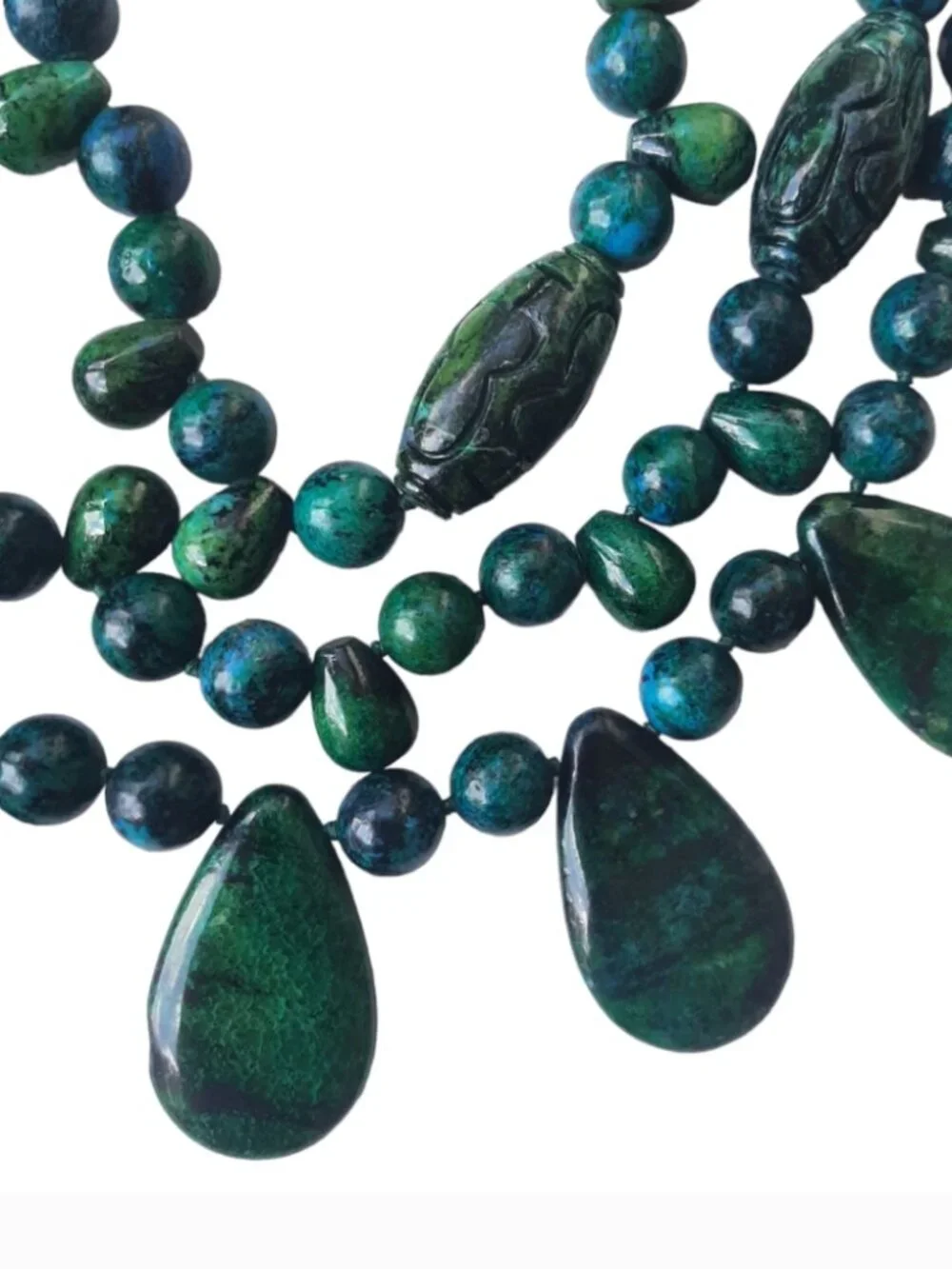 Handmade Azurite Malachite Chrysocolla Teardrop Cabochon Beaded Necklace, Heavy - Picture 4 of 5
